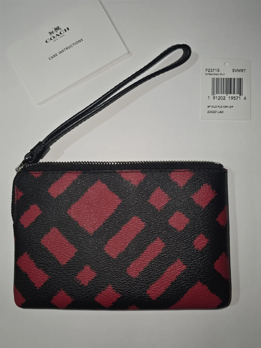 COACH Zip Wristlet Red Black Plaid Print NWT